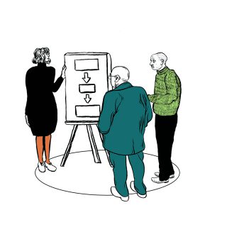 Illustration of a person pointing at a flipboard and two people stood watching